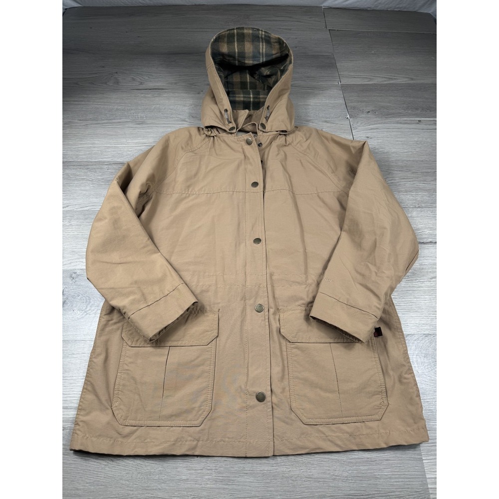Vintage Woolrich Women L Brown Jacket Wool Lined Barn Chore Coat Hooded Plaid